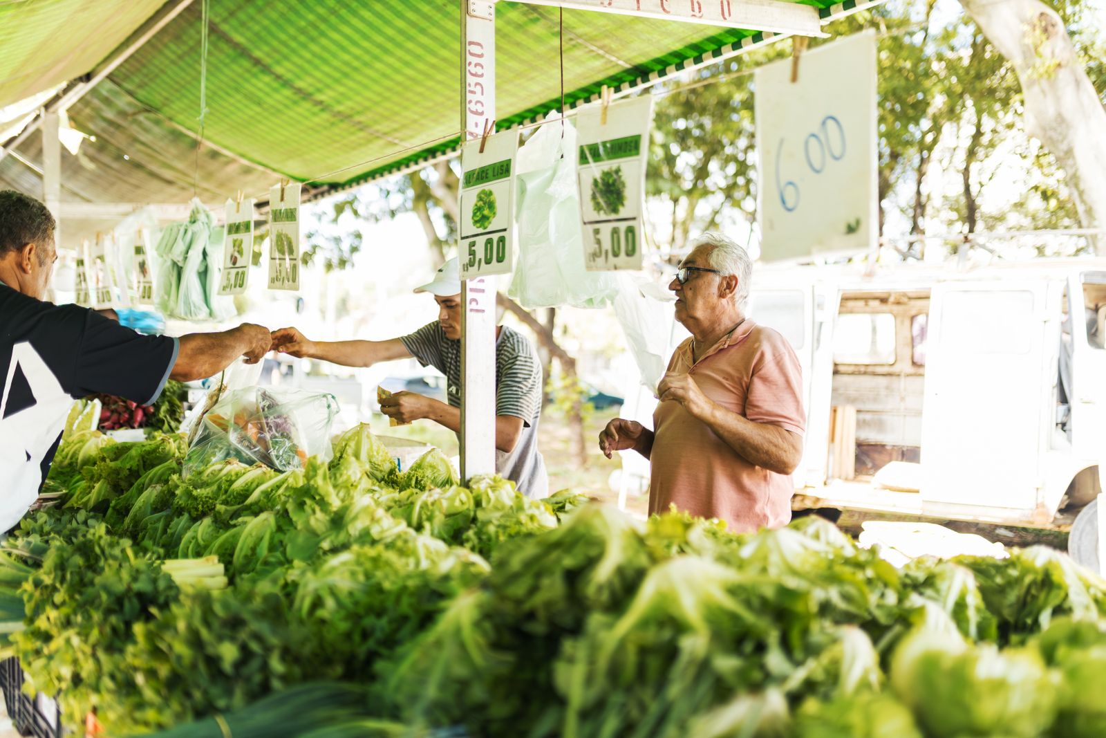 Customers buying fresh produce from local vendors at a market