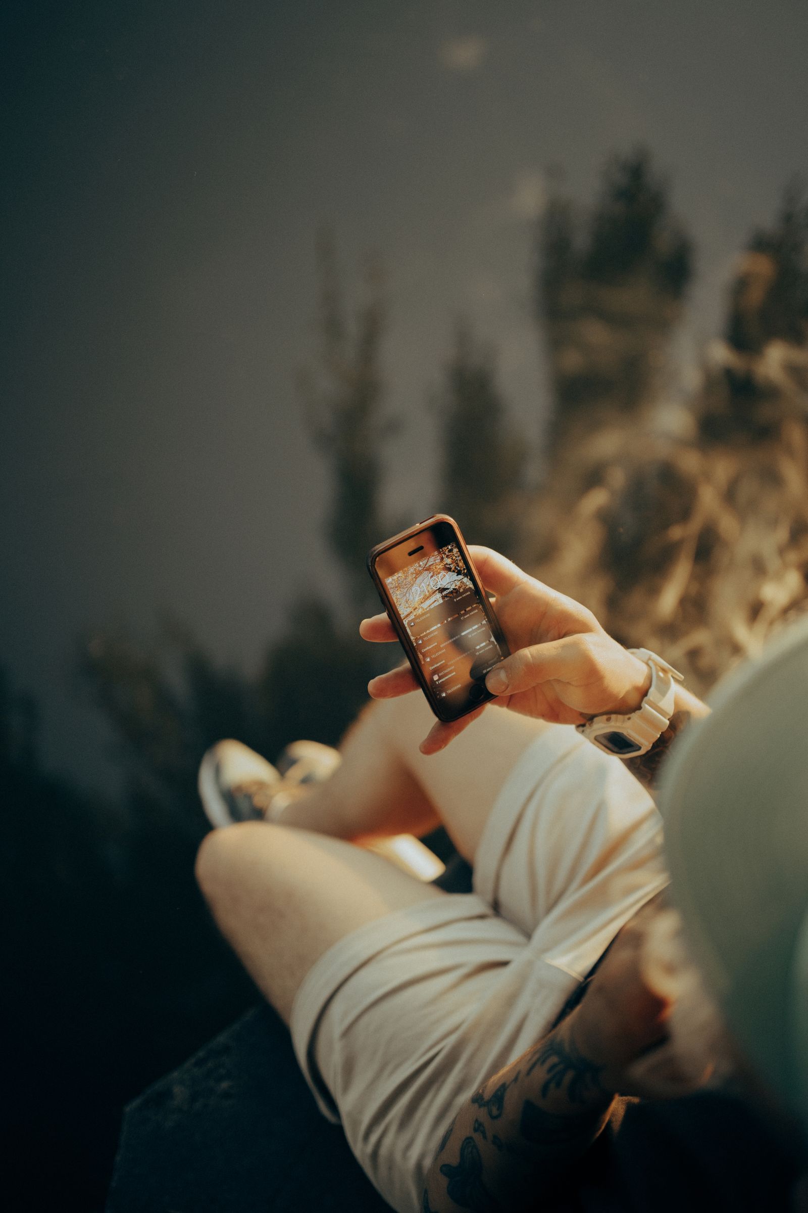 A visitor using a smartphone outdoors in a natural setting