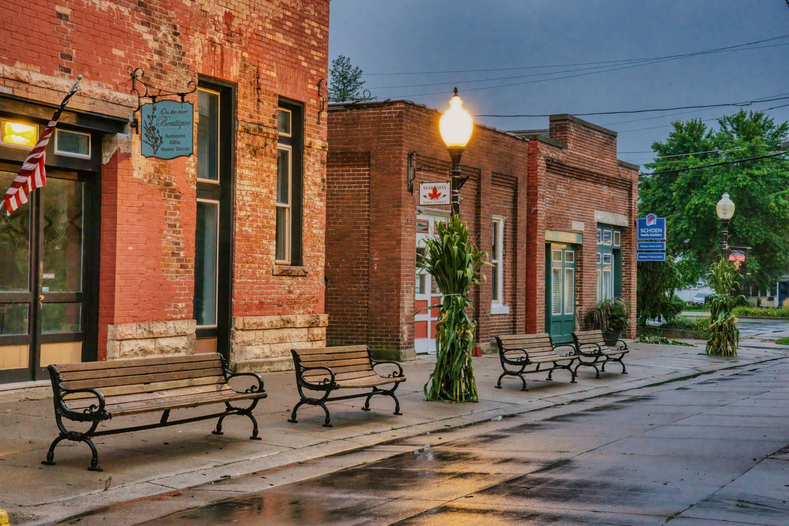 A historic small-town main street at golden hour